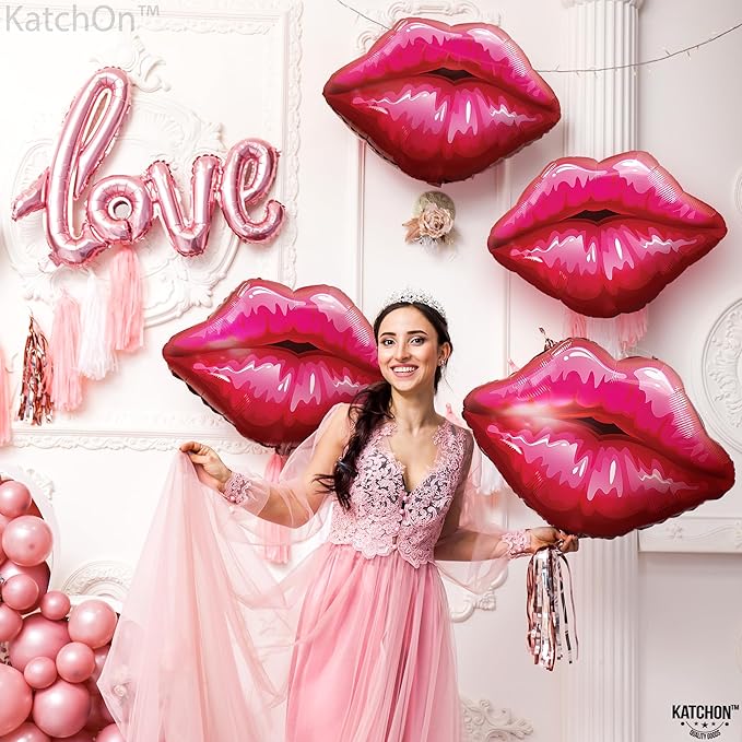 KatchOn, Huge Red Lip Foil Balloon - 30 Inch, Pack of 4 | Cute Kiss Balloons for Lips Balloon Decorations | Valentines Balloons | Galentines Day and Proposal Decorations