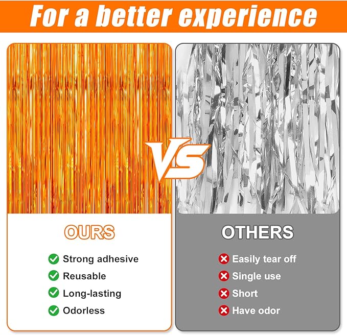 Crosize 3 Pack 3.3 x 9.9 ft Orange Foil Fringe Glitter Curtains Party Decorations, Tinsel Backdrop for Parties, Door Streamers for Birthday, Photo Booth Backdrops, Party Decor