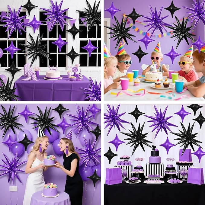 Black Purple Star Balloon,6Pcs 22Inch Explosion Star Balloons and 10Pcs 10Inch Four Angle Balloons Kit for Halloween Birthday Anniversary Graduation Baby Shower Wedding Party Decorations
