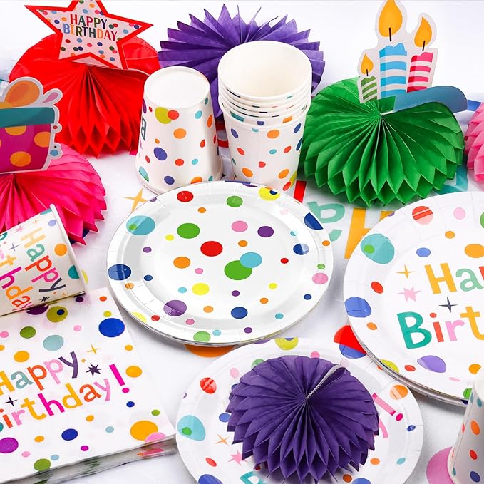 127Pcs Happy Birthday Party Supplies Decorations Set - Dot Design Disposable Tableware Kit with Plates, Napkins, Cups, Tablecloth, Banner, Balloons & Honeycomb Centerpieces for Boys Girls, Serves 24