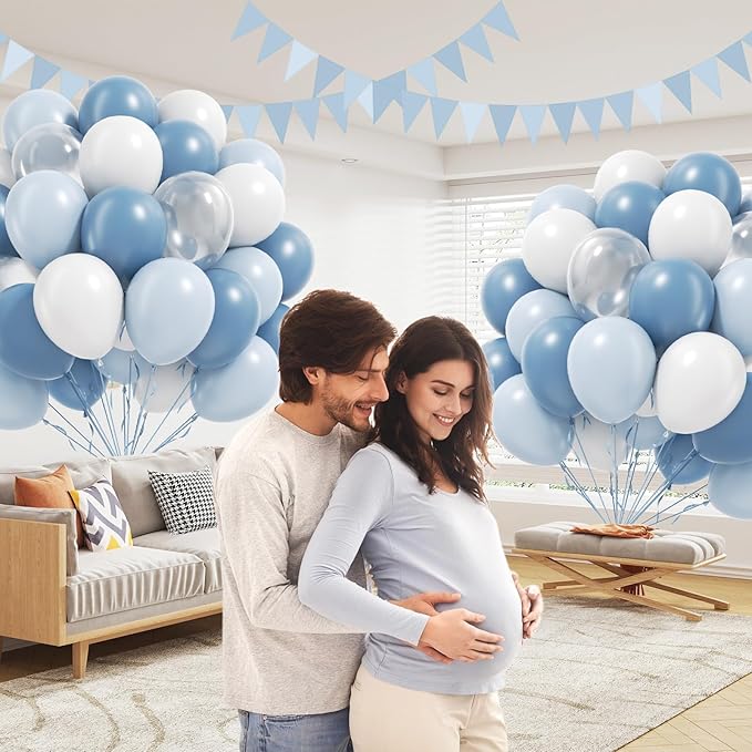 60pcs Dusty Blue Balloons 12inch, Blue and White Balloons with Clear Balloon for Gender Reveal Bridal Baby Shower Birthday Party Decorations