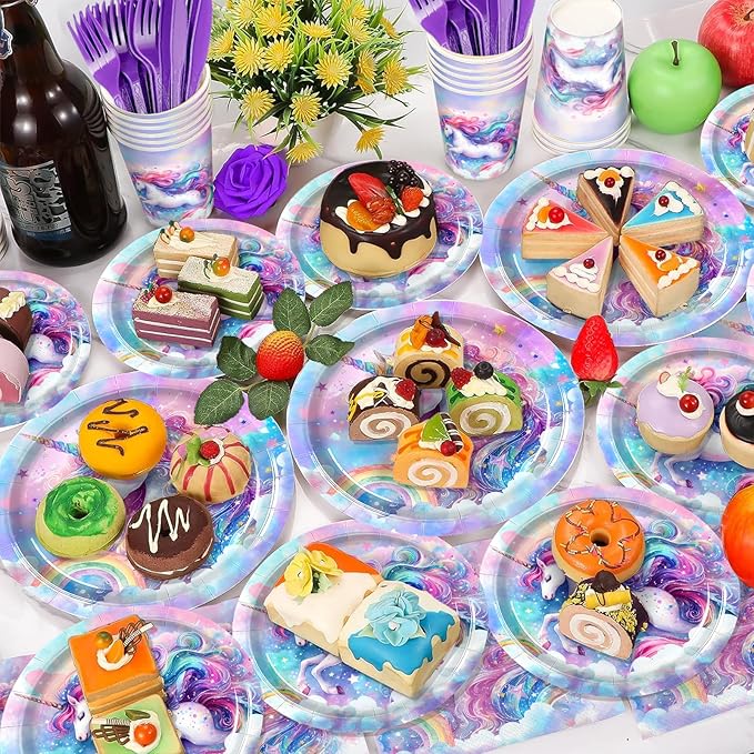 168PCS Unicorn Party Supplies Set for 24 Guests, Magical Unicorn Plates, Cups, Napkins, Straws, and Cutlery, Disposable Tableware Set for Birthday, Baby Shower, and Girls’ Party Decorations