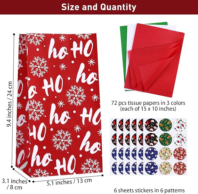 Cooraby 72 Pack Christmas Gift Bags with Tissue Paper Sealing Stickers 9.4 x 5 x 3 Inch Holiday Candy Goody Paper Bags for Xmas Party Supplies Gift Wrapping Decorations