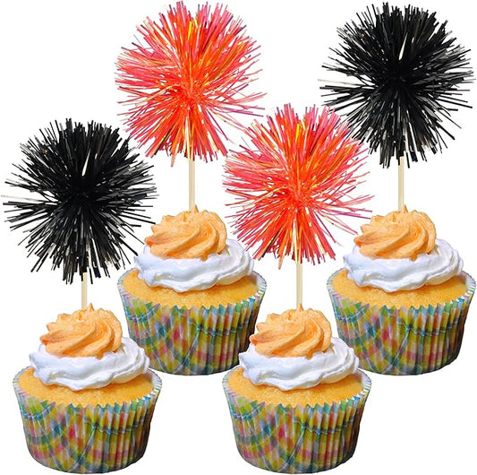 Gyufise 30Pcs Foil Firework Cupcake Toppers Sparkle Tinsel Cake Toppers Tinsel Drink Cake Decoration Cocktail Picks for Birthday Wedding Graduation Party Supplies Black Orange