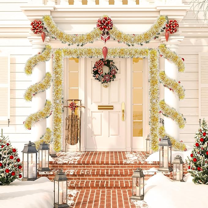 50Ft Christmas Tinsel Garland, Gold Snowflake Metallic Twist Garland for Xmas Tree Decorations, Tinsel for New Year Party Ceiling Hanging Decorations Indoor and Outdoor Decor