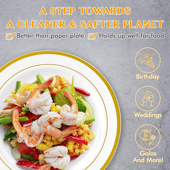 JollyPack 100 Piece Disposable Gold Plastic Party Plates, Including 50 10 Inch Dinner Plates and 50 7 Inch for Dessert, Great for Parties, Weddings, Home Use, and Thanksgiving