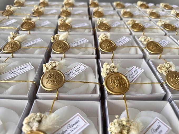 Personalized Rose Shaped Wedding Candle Favors with Seal Wax and Dried Flowers - Scented Soy Wax for Weddings, Bridal Showers, Baby Showers, Birthdays (10-20-30-40-50-100 PCS in Bulk)