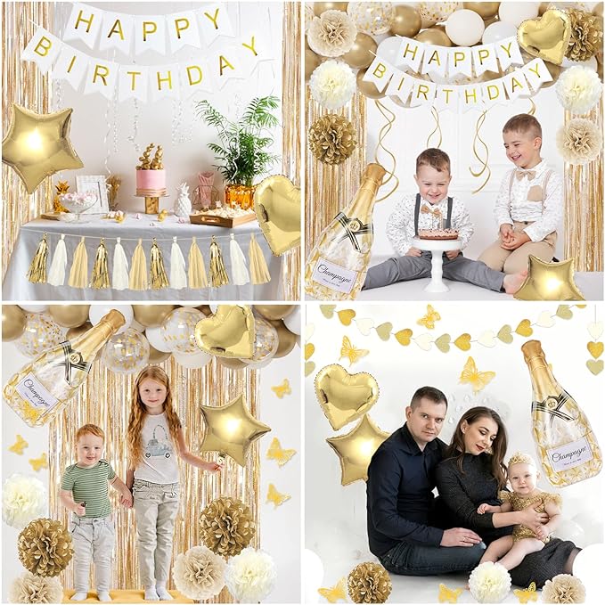 White and Gold Birthday Party Decorations Kit for Women Girls, Gold White Sand Confetti Foil Balloons Happy Birthday Banner Fringe Curtains Butterfly Garland Baptism Communion Supplies