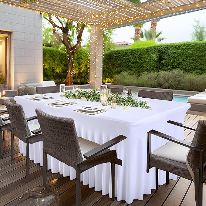 1 Pack White Table Clothes for 8 Foot Rectangle Tables, One-Piece Wrinkle Resistant Stretch Spandex Table Covers with Skirt for Event Banquet Wedding Birthday Party