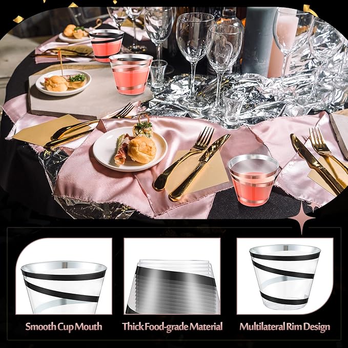 Gejoy 9 oz Rimmed Swirl Plastic Cups Disposable Wine Drinking Cups Clear Elegant Halloween Tumblers for Christmas Party Supplies(Rose Gold, Black,100 Pcs)