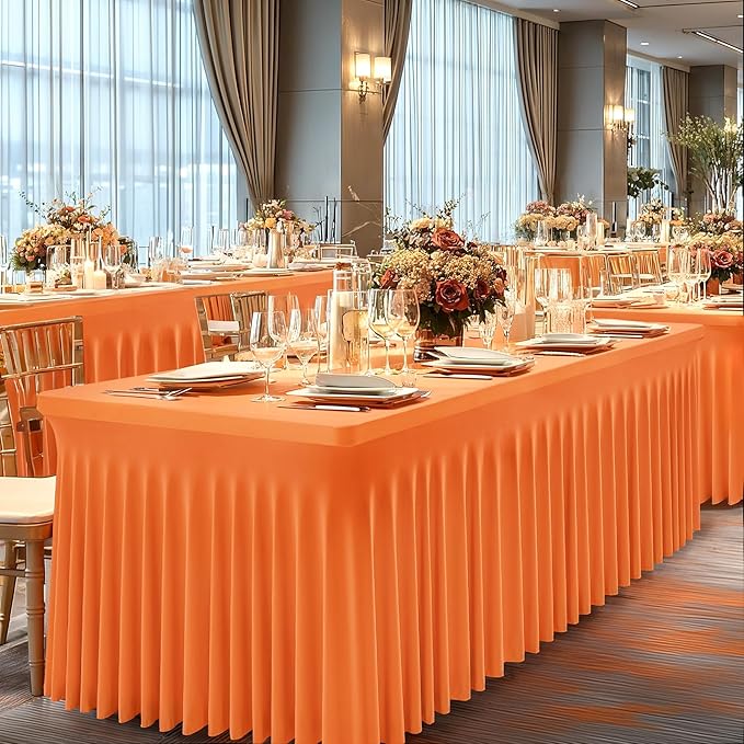 1 Pack Orange Table Clothes for 8 Foot Rectangle Tables, One-Piece Wrinkle Resistant Stretch Spandex Table Covers with Skirt for Event Banquet Wedding Birthday Party