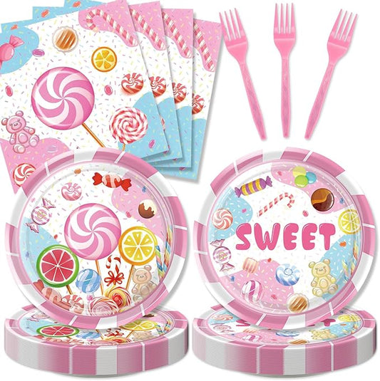 96Pcs Candyland Party Supplies Candy Lollipop Tableware Set Plates Napkins Forks Serves 24 Guests Sweet Dessert Candyland Baby Shower Birthday Party Decorations