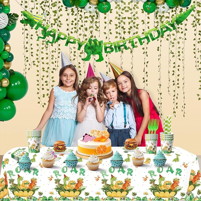 152 Pcs Dinosaur Birthday Party Decorations Supplies Serve 25 Guest, Dino Theme Party Pack for Kids, Dinosaur Plates, Cups, Napkins, Forks, Straws, Banner, Tablecloth for Birthday Celebration