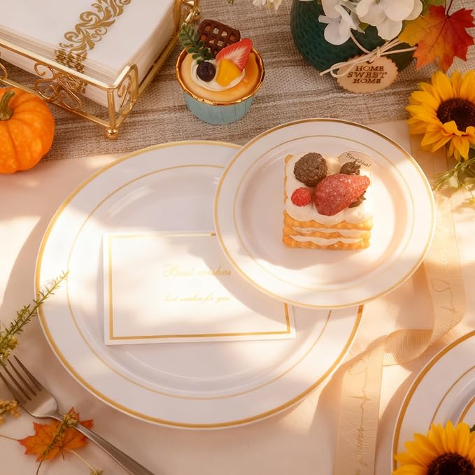 350Piece Gold Dinnerware Set for 50 Guests - Gold Plastic Plates with Disposable Cutlery Include:50Dinner Plates-50Dessert Plates-50Pre Rolled Napkins with Silverware for Thanksgiving
