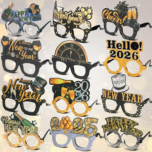 Mega-L 12 Pcs Happy New Year Eyeglasses, 2026 New Year Glasses, New Year Party Supplies Favors, Black Gold Silver Glitter New Year Photo Booth Props for Eve Party Celebration Decorations 2026
