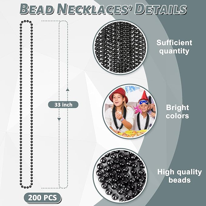 Bead Necklace, 200PCS New Years Eve Black Necklaces Stuff Accessories, 33" Mardi Gras Beads Necklace Costume Bulk, Festival Parade Throw for Halloween Wedding Party Events Supplies Decorations