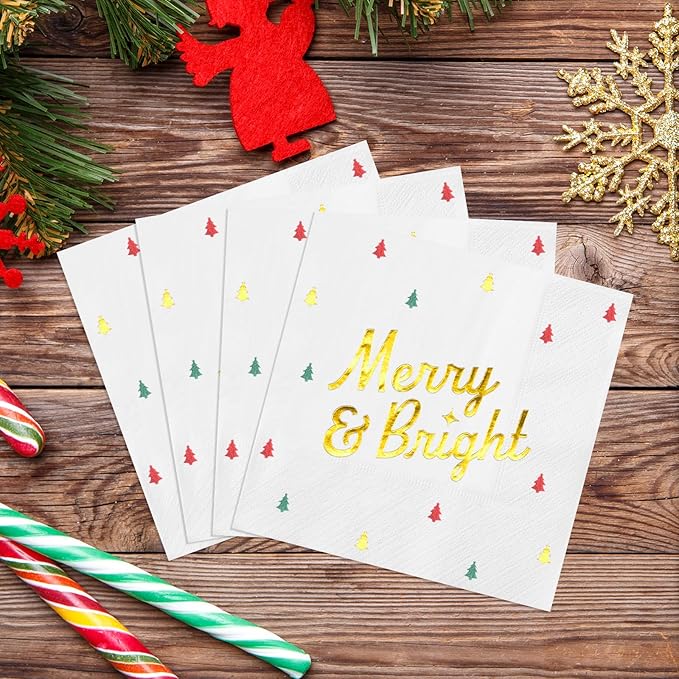 100 Pcs Christmas Tree Paper Napkins Disposable, Merry Bright Red Green Gold Foil Cocktail Napkins, Xmas Holiday Square Party Guest Dinner Napkin for Christmas Winter Party Supplies, 6.5x6.5 Inch