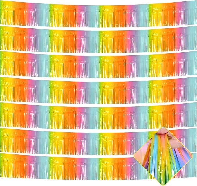 10 Pack 10 Feet Foil Fringe Garland Metallic Tinsel Streamers Banner Wall Hanging Curtain Backdrop for Parade Floats, Bachelorette, Wedding, Birthday, Easter, Carnival Party Decorations(Rainbow)