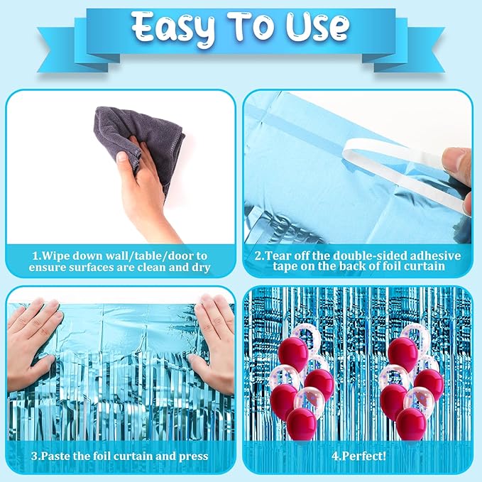 2 Pack Light Blue Tinsel Foil Fringe Curtains, Blue Party Decorations, Metallic Tinsel Party Streamers Backdrop for Birthday Baby Shower Graduation Wedding Anniversary Party Decorations