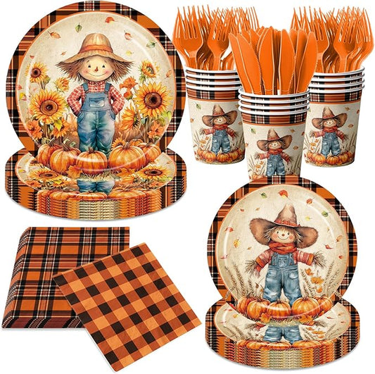 144Pcs Fall Thanksgiving Party Supplies Pumpkin Scarecrow Paper Plates and Napkins Orange Plaid Party Disposable Tableware for Birthday Decorations Serves 24