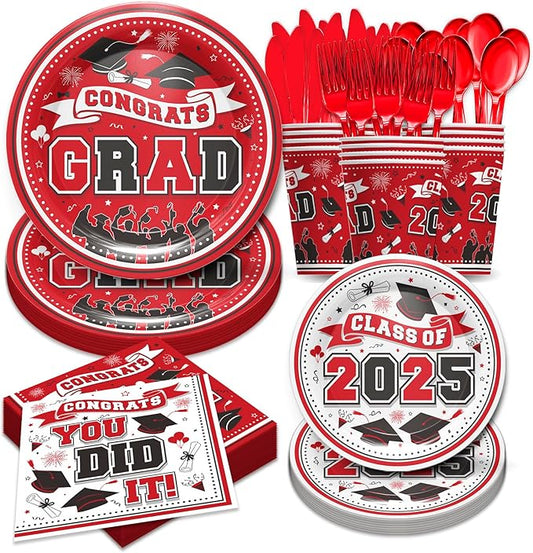 Graduation Decorations Class of 2025 - Red Graduation Party Supplies 2025 Include Plates, Cups, Napkins, Cutlery, 24 Guests