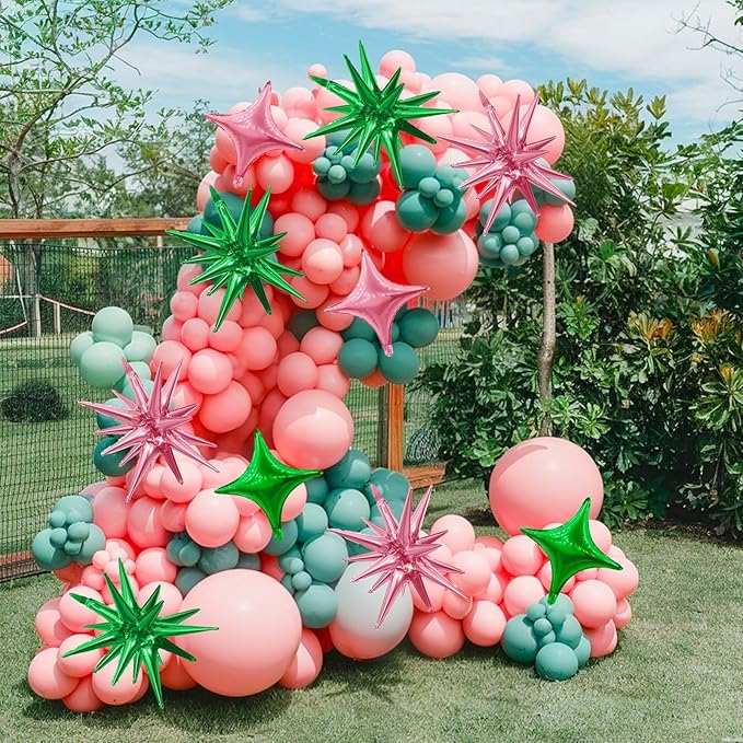 Pink Green Star Balloons,6Pcs 22Inch Explosion Star Balloons and 10Pcs 10Inch Four Angle Balloon Kit for Witch Birthday Anniversary Disco Party Decorations