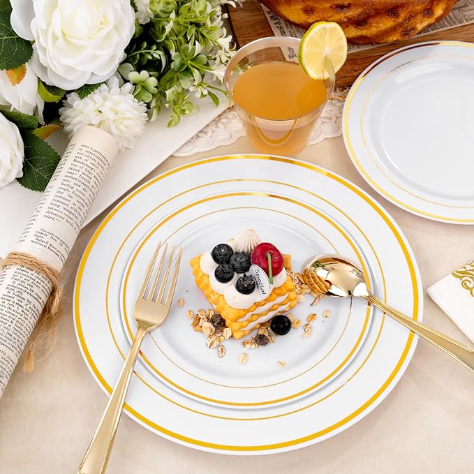 bUCLA 350PCS White and Gold Plastic Plates - Gold Disposable Dinnerware for Include 50 Dinner/Dessert Plates, 50 Forks, 50 Knives, 50 Spoons, 50 Cups & 50 Napkins for Party & Thanksgiving