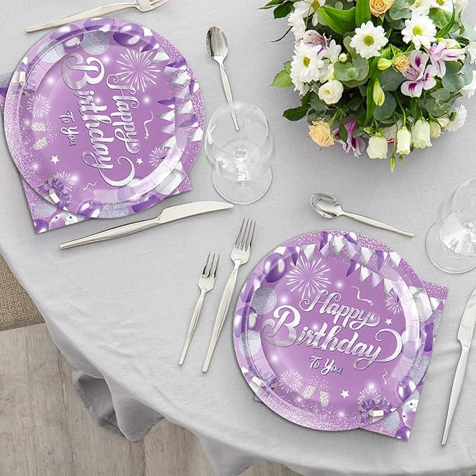 40pcs Purple Birthday Party supplies Purple Silver party Tableware Set Confetti Sprinkles Happy Birthday Party Decorations for Women Girls Disposable Desserts Plates and Napkins