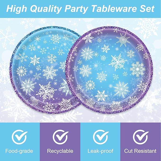 96Pcs Frozen Birthday Party Decorations Frozen Tableware Set Snowflake Christmas Plates Napkins Forks Serves 24 Guests Baby Shower Winter Wonderland Decorations