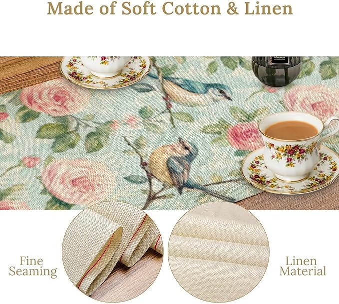 Spring Bird Floral Table Runner,Birds Table Runner Burlap Table Decoration for Seasonal Home Kitchen Dining Dinner Indoor Holiday Farmhouse Decor 13x70 in