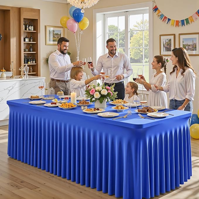 1 Pack Royal Blue Table Clothes for 8 Foot Rectangle Tables, One-Piece Wrinkle Resistant Stretch Spandex Table Covers with Skirt for Event Banquet Wedding Birthday Party