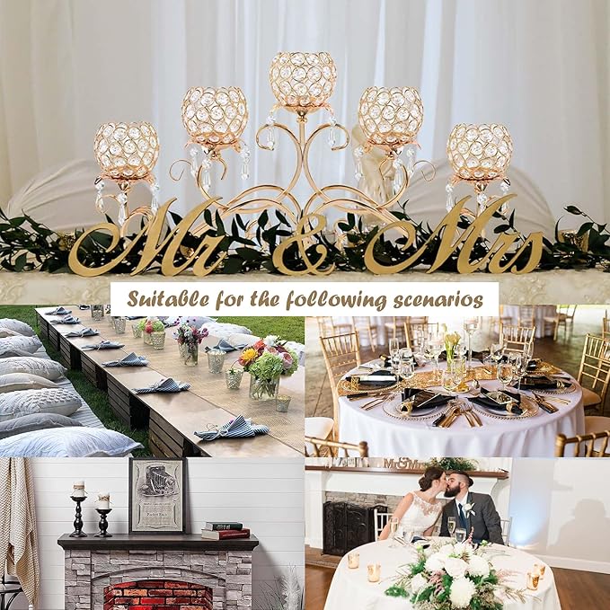 Gold 5 Arms 26.8 Inches Wide Crystal Pendant Bowl Tea Light Candle Holder, Large Bling Centerpiece Table Decorations, Metal Votive Candle Holders for Dining Table (Gold, Bowl-Shaped)