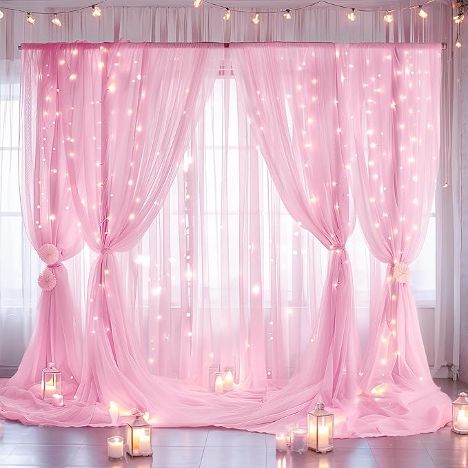 30ft x 10ft Pink Backdrop Curtain with Lights String for Parties, Sheer Tulle Wedding Photo Backdrops Drapes for Baby Shower Birthday Party Decorations Background for Photography