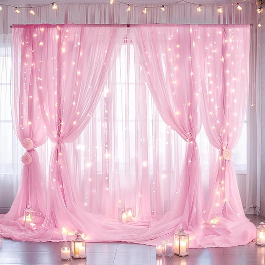 30ft x 10ft Pink Backdrop Curtain with Lights String for Parties, Sheer Tulle Wedding Photo Backdrops Drapes for Baby Shower Birthday Party Decorations Background for Photography