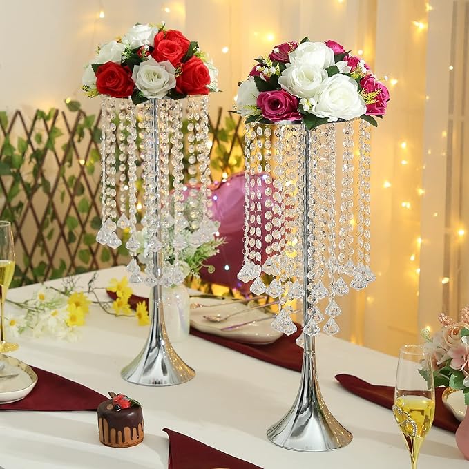 10Pcs 21.88" Tall Elegant Centerpieces with Chandelier Crystals Metal Vase Silver Flower Stand for Table Wedding Centerpieces Decorations, Birthday,Event, Home, Party