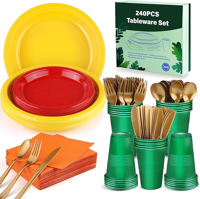 240 Pieces Fall Plastic Dinnerware Set Disposable Party Plates Napkins Cups and Silverware Dessert Dinner Plates for Birthday Wedding Thanksgiving Party Supplies, Serves 30 Guests