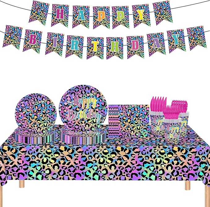 142PCS Leopard Print Party Decorations,Jungle Animal theme Decorations Include Tableware, Plate, Cup, Napkin, Cutlery, Animal Cheetah Print Birthday Party Supplies Serve 20