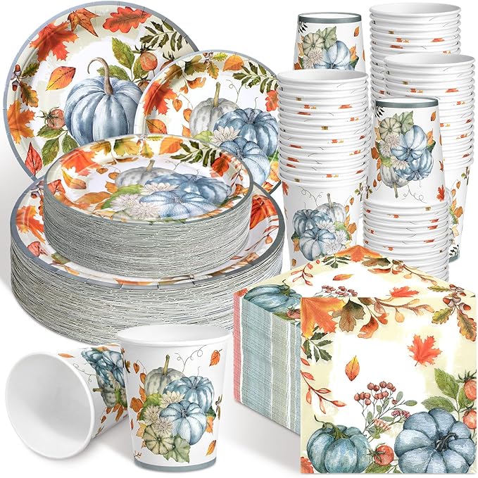 Hsei 250 Pcs Fall Blue Pumpkin Plates and Napkins Party Decorations Disposable Tableware Sets Baby Shower Birthday Party Supplies Serves 50 Guests Dinnerware Baby Bridal Shower Favors
