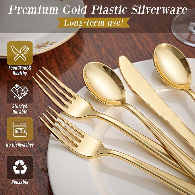 WDF 500PCS Gold Plastic Silverware Set Disposable - Gold Cutlery Set Plastic - 250Forks, 125 Spoons, 125 Knives for Thanksgiving Party, Birthday, Wedding