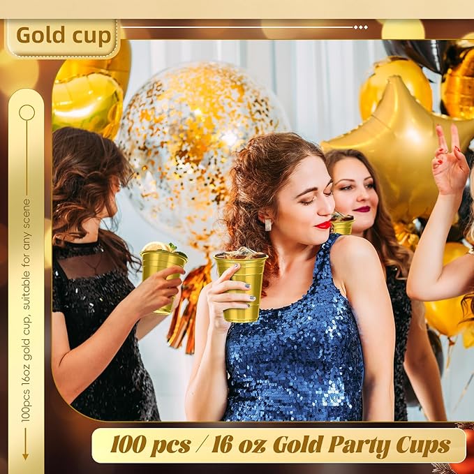 Dualshine 100 Pack Gold Plastic Cups 16 oz,Disposable Cups for Party,Heavy Duty Drinking Cups, Graduation Shot Cup for Wedding Birthday Beer Taste Serving Snack Sample Tastings Barbecues Picnic