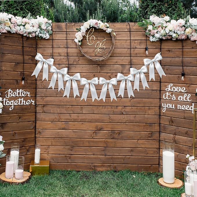 1 String of 8PCS White Bow Garland Banner Decoration,Pre-Strung Satin Ribbon Ornaments for Birthday,Bachelorette Party,Bridal Shower,Wedding, Engagement,Baby Shower,Graduation Decor,Anniversary