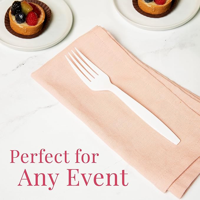 Prestee 100 White Plastic Forks Heavy-Duty, Heavyweight Plastic Silverware Forks, Fancy Plastic Cutlery, Elegant Disposable Forks Pack, Bulk Disposable Flatware, Christmas Holiday Plastic Utensils Set