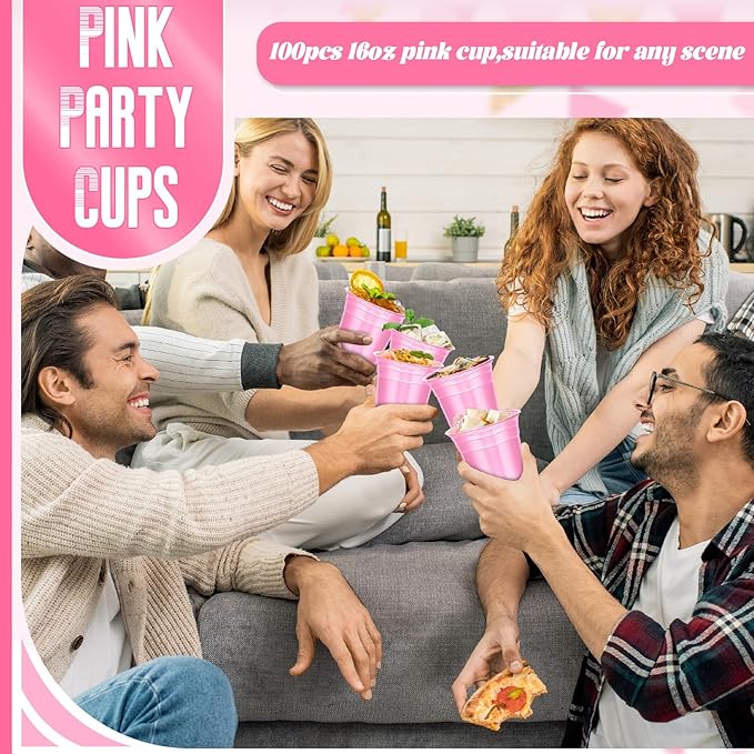 Dualshine 100 Pack Pink Plastic Cups 16 oz, Disposable Cups for Party, Heavy Duty Drinking Cups, Graduation Shot Cup for Wedding Birthday Beer Taste Serving Snack Sample Tastings Barbecues Picnic