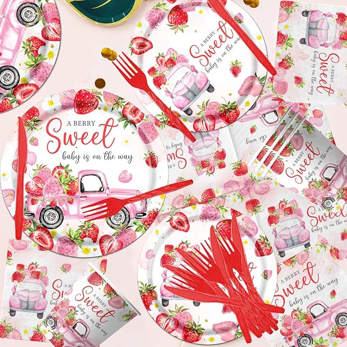 Strawberry Baby Shower Decorations,A Berry Sweet Baby Is On The Way Plates and Napkins Tablecloth Supplies Watercolor Strawberry Birthday Tableware Set for Girl Baby Shower Party
