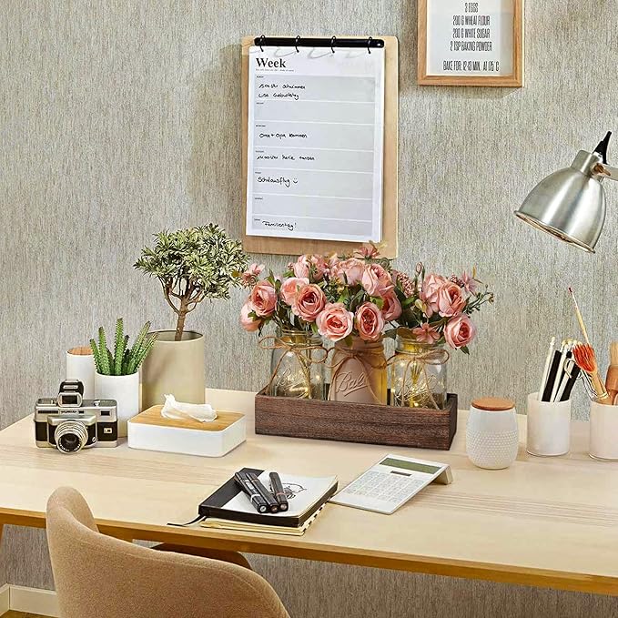 3 Pcs Mason Jar Centerpiece Table Decorations for Dining Table Decor Farmhouse Coffee Table Decor with Wood Tray and Led Light Table Centerpieces for Dining Room Kitchen Living Bathroom,Pink