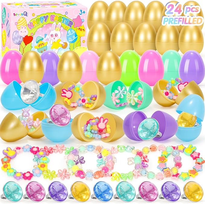 SevenQ Prefilled Easter Eggs with Bracelets Rings 24 Pack Kids Jewelry for Girls Easter Basket Stuffers Gifts for Kids Fidget Toys Fillers Princess Party Favors Classroom Treasure Box Egg Hunt Games