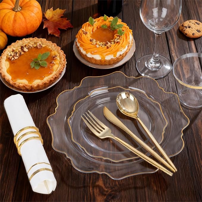 WDF 350Pcs Clear and Gold Plastic Plates - Heavy Duty Clear Plates Disposable - Gold Dinnerware Sets of 100 Plastic Plate 150Silverware 50 Cups 50 Napkins for Wedding/Party/Thanksgiving