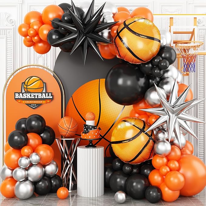 Basketball Balloons Arch Kit, Black Orange Metallic Silver Balloons Garland with Explosion Star and Basketball Foil Balloons for Boy Sport Theme Party basketball Star Teenagers Birthday decoration