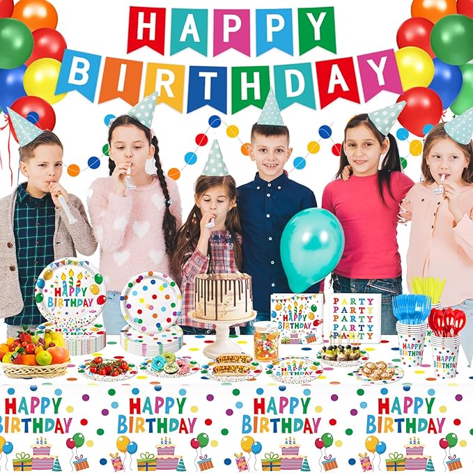 Happy Birthday Decorations - Colorful Dots Birthday Party Supplies Includes Plates, Napkins, Cups, Cutlery, Banner, Hanging Swirl, Tablecloth, Balloons for Kids Boys Girls, Serves 24
