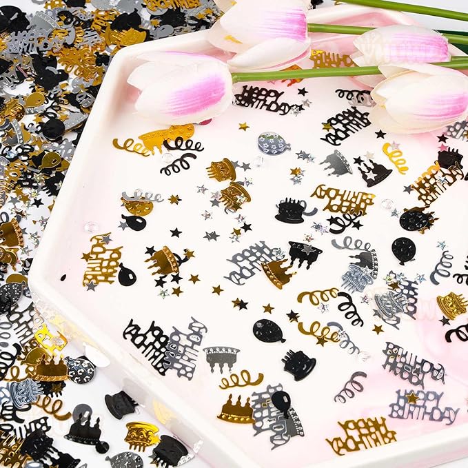 VHUWE Happy Birthday Confetti, 1.6 oz Black Gold Silver Cake Balloon Star Goblet Bottle Glitter Confetti for Happy Birthday Party Decorations Boys Girls Kids Women Men Birthday Table Decorations